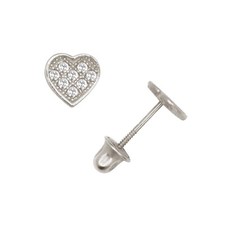 14k Solid White Gold Love 5mm Heart Screw Back Earrings with Sparkling CZ Stones