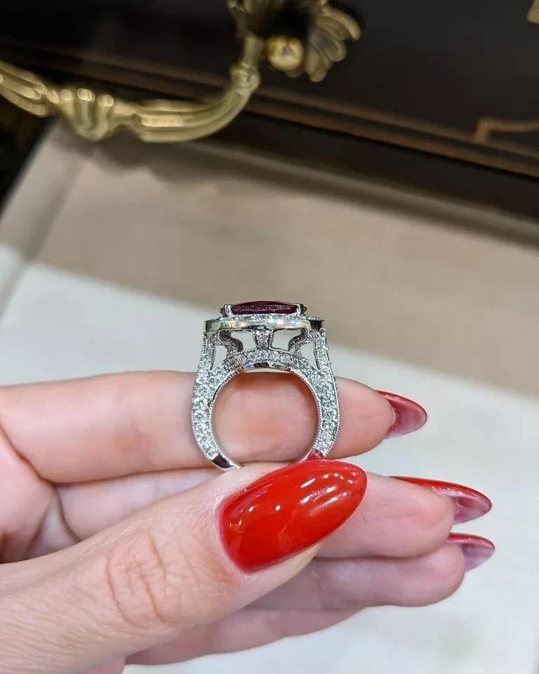 13.11 Ct Cushion Cut Natural Ruby & Diamond Wedding Ring 14K White Gold size 6 - Image 2 of 4