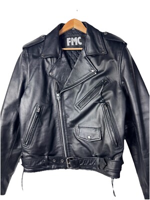 FMC Vintage Black Leather Motorcycle Biker Jacket Quilt Lined Punk Men s Sz 46