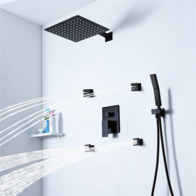 Black Bathroom 10'' Shower Set Rainfall Mixer 4pcs Body Jet Faucet Wall Mounted