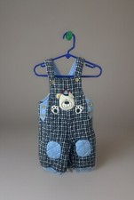 VTG 3-6 months baby boys quilted plaid bear overalls W/ Knee pads Two tone Blue