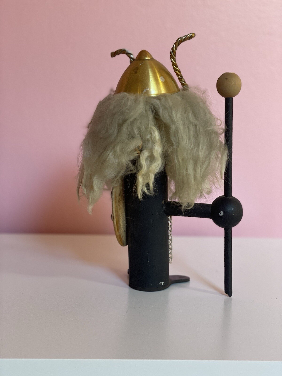 Wood Viking Warrior Figurine Mid Century MCM Folk Art Long Hair Vtg