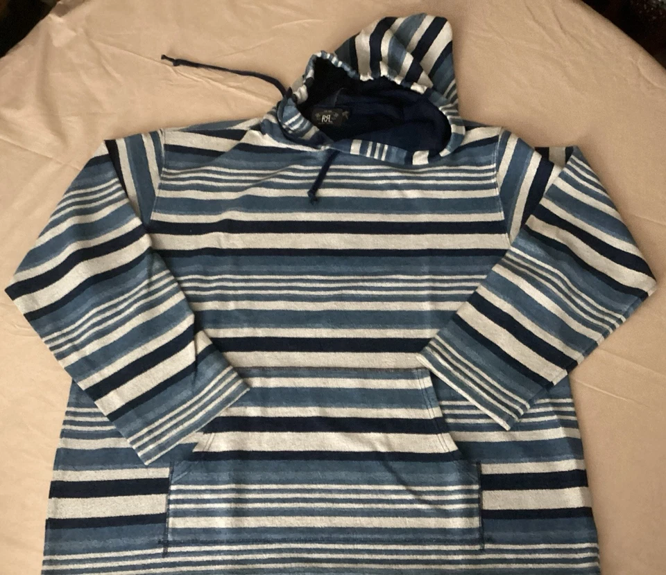 Sudadera con Capucha Vintage Doble RL Ralph Lauren RRL Índigo Rayas Gruesa Terry Bolsillo XXL Foto 3 de 4