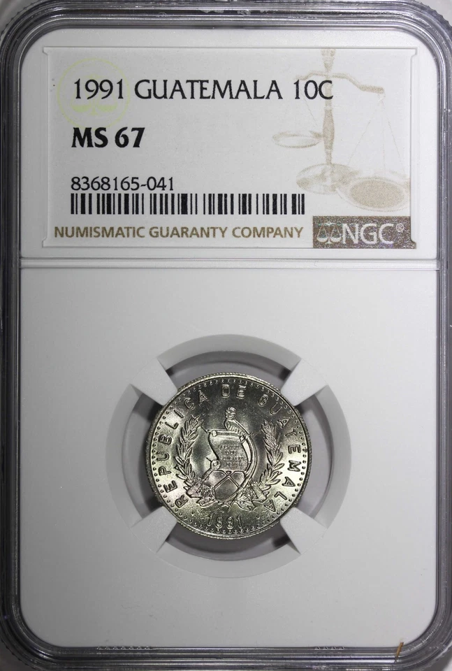 Guatemala Copper-Nickel 1991 10 Centavos NGC MS67 GEM BU KM# 277.5 (041) - Image 2 of 4