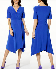 NEW Nina Leonard PLUS SZ 1X Elbow-Sleeve Dress Uneven MIDI Hem BLUE PLUS SZ 1X
