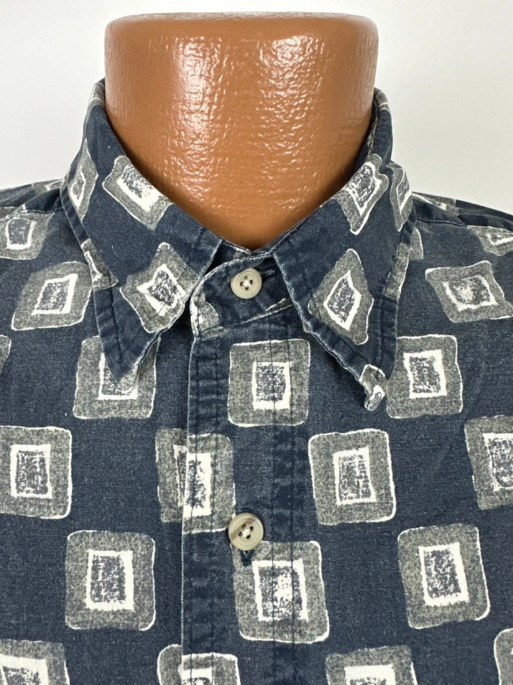 Camisa geométrica vintage años 90 para hombre grande con botones gris marino hippie algodón hawaiano Foto 3 de 4