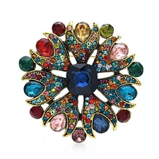 Ornate Multi-Color Crystal Starburst Brooch Pin Dark Blue Center Stone Vintage S