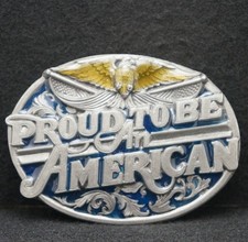 WF01160 VINTAGE 1985  PROUD TO BE AN AMERICAN  PATRIOTIC ARTWORK BELT BUCKLE