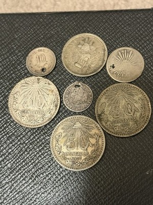 Mexico Coin Lot (7) 50, 25, & 10 Centavos & Reales Silver 3 Coins Holed.