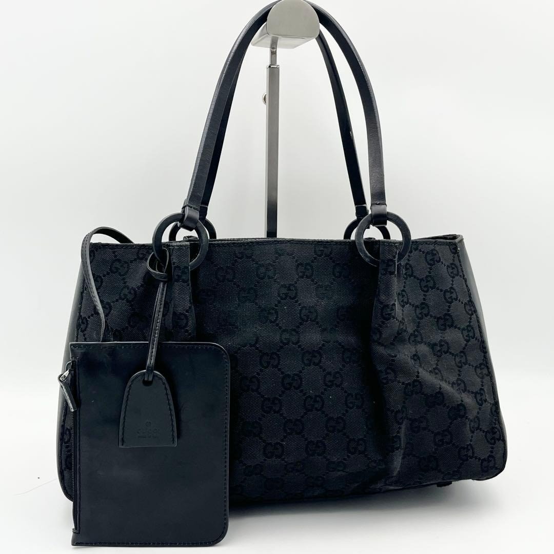 GUCCI GG Tote Hand Bag Magnetic Leather Canvas Black Silver Hardware A4 Size