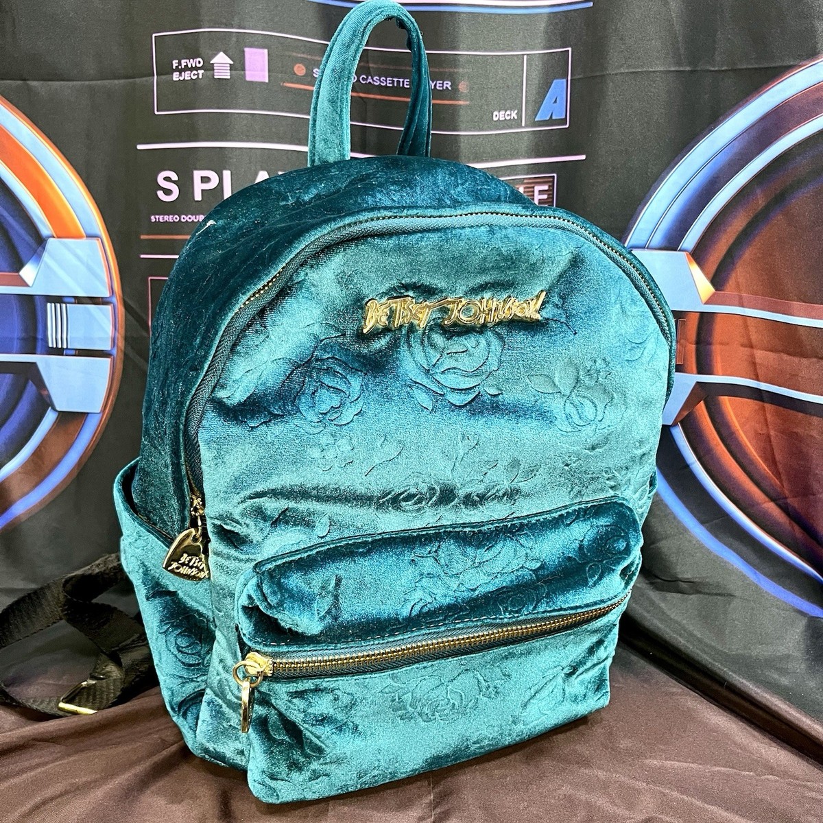BETSEY JOHNSON Velvet Velour Roses Tear Drop Backpack Purse 