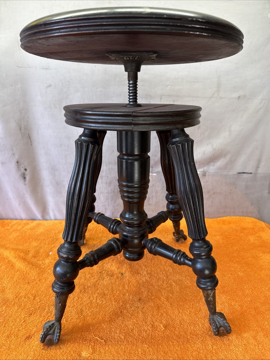 DWN•Vintage Antique TONK Wood Piano Stool Adjustable Height Claw