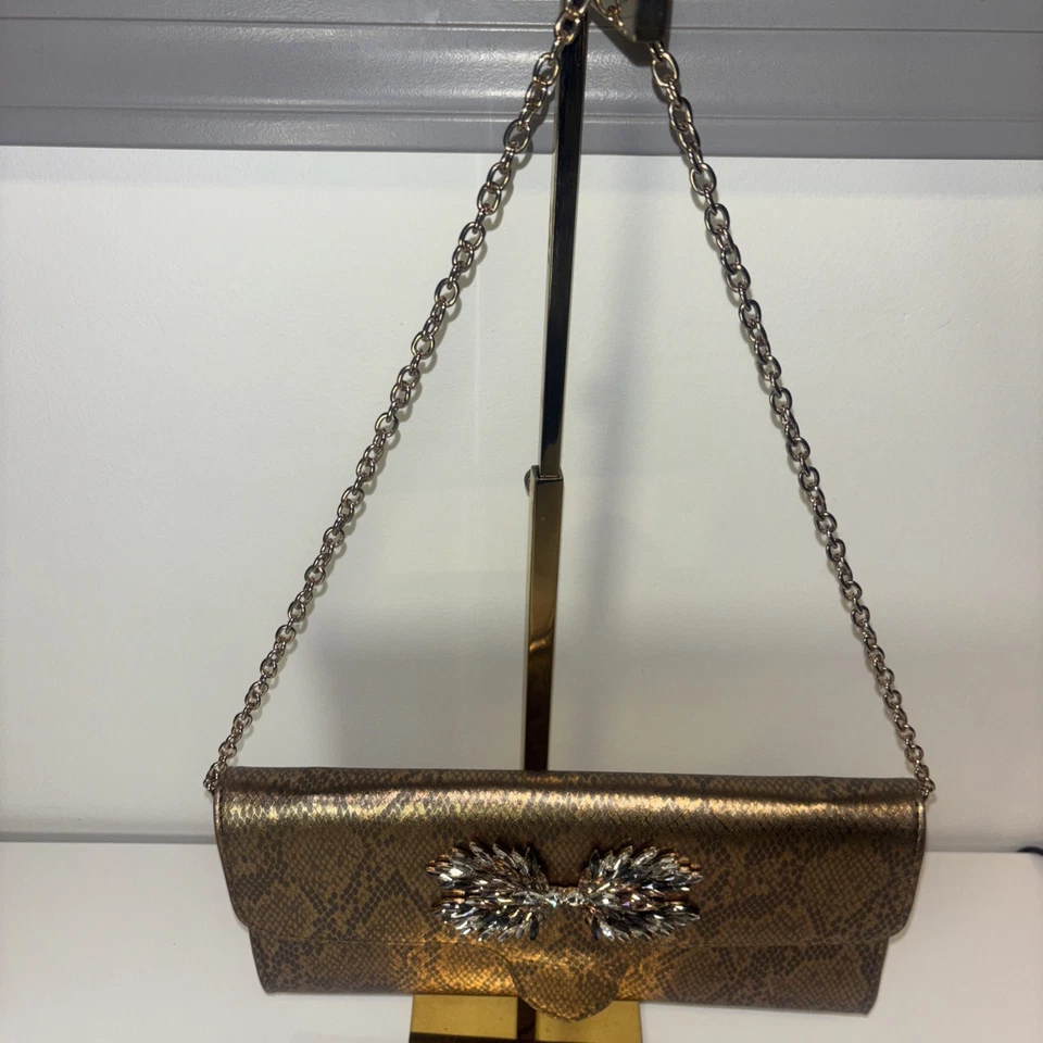 Gianni Bini Gold Metallic Rectangle Shaped Crossbody Purse Rhinestones Whimsical - Image 2 of 4