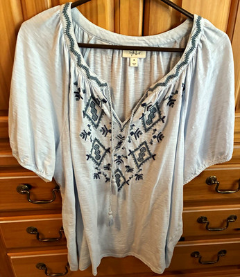 Style & Co Women s XL Blue Geometric V-Neck Short Sleeve Pullover Peasant Blouse