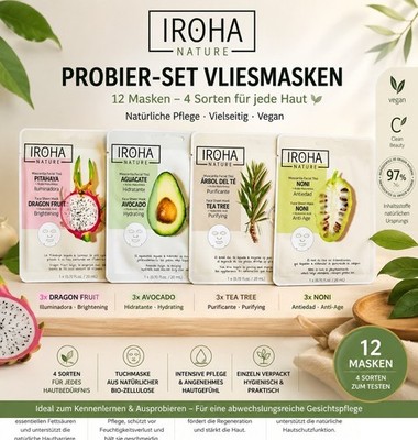 IROHA Probier-Set Vliesmasken 12 Stück Avocado Tea Tree Noni Dragon Fruit