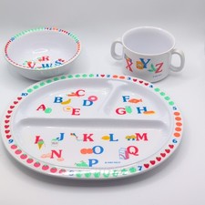 Vintage PECO Melamine ABC Divided Dish Set Plate Bowl 2-Handle Cup White