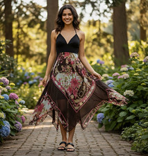 Women’s Black/Multicolor Floral V-Neck Sleeveless Strap Slip Midi Dress, Regular