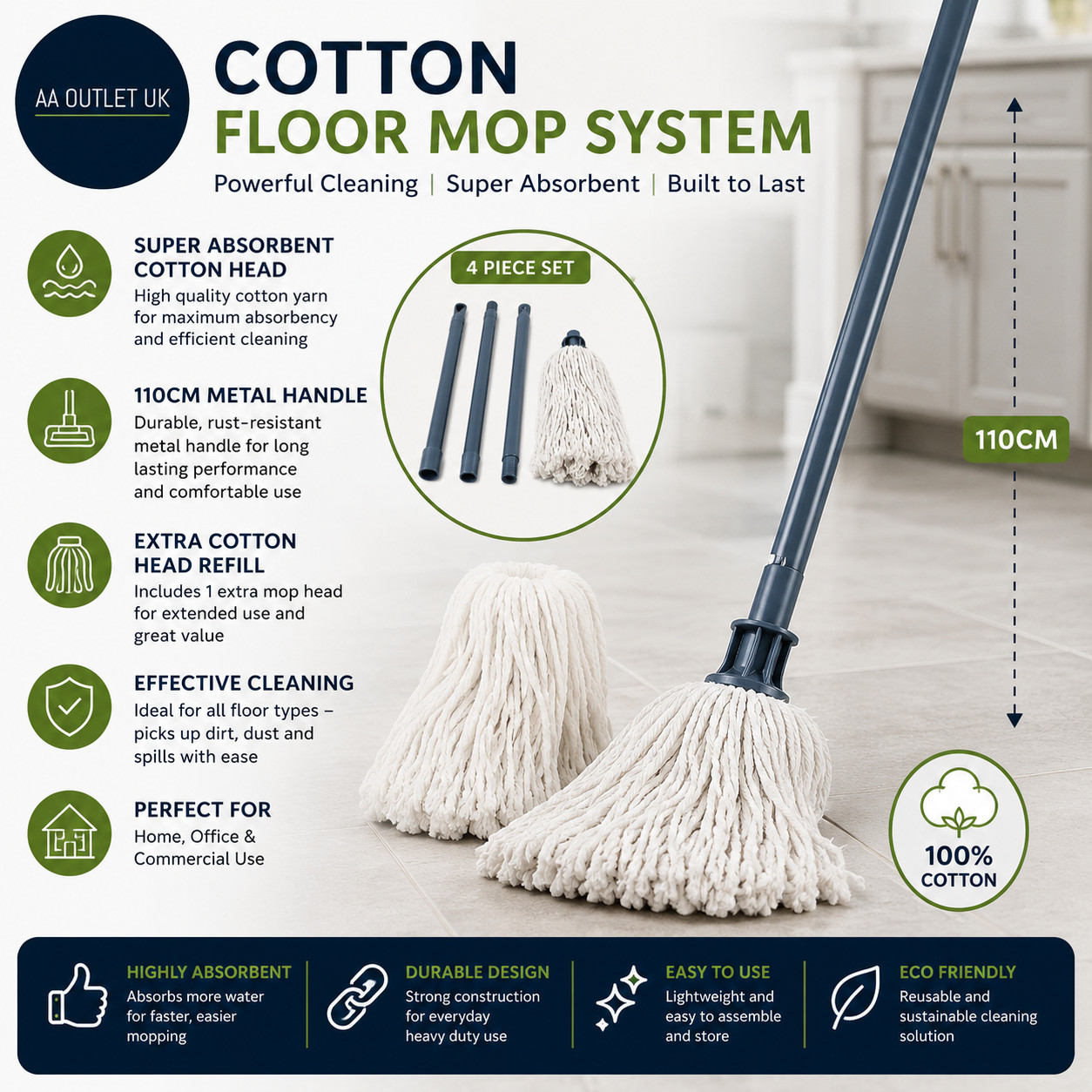 Cotton Floor Mops Mop System Super Absorbent Head 110cm Metal Handle Cleaning