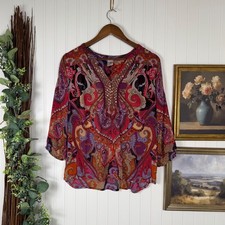 Bila Paisley V-Neck Blouse Women Large Pink Excellent Sequin Accents