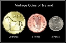 VINTAGE COINS OF IRELAND - Set of 3 - Authentic Irish Pre-Euro - MIRROR FINISH