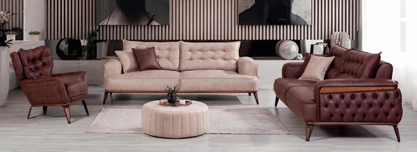 Polstergarnitur 3-Sitzer Sofa Sessel Leder Kissen Dunkelbraun Beige-image