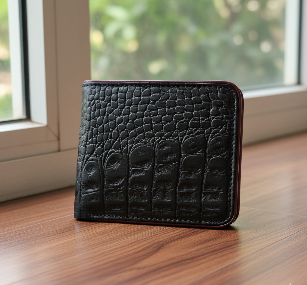 Mens Real Leather Crocodile Bifold Wallet Handmade Black Skin Luxury Pattern