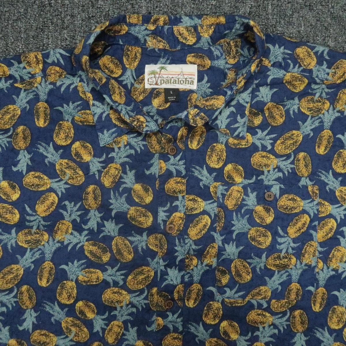 Pataloha Shirt Men Large Blue Yellow Pineapple Hawaiian Organic