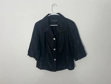Randy Kemper Button Down Shiny Black Linen Blend Blouse Size 12