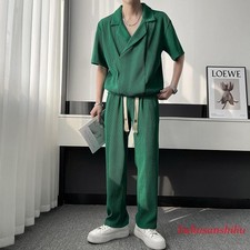 Mens Summer Chic Plain Suit Set Short Sleeve Lapel Shirt Wide Leg Pants 2pcs Set