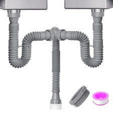 Double Sink Drain Kit, Flexible Sink Drain Pipe 1-1/2 1-1/4 P Trap Fits Sink B