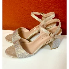 Delicacy Rhinestone Gold Glittered Sz 5 High Heel Ankle Strap Sandal Shoes Women