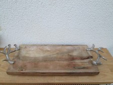 Tablett mit Metall Geweihe Henkel, aus Mangoholz Braun (B/H/T) 48x8x20cm Deko