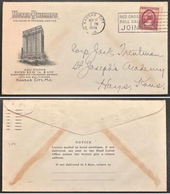 US #784 Hotel Phillips, Kansas City MO 1936 Cover; advertising *d