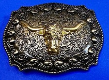 Texas Longhorn Cow Head Steer Ornate Two Tone Western Rodeo Cowboy's Belt Buckle