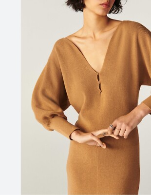 Ba&Sh Hazia Camel Long Seeve Knitted V Neck Puff Sleeve Dress U.S. Sz 4 NWT  | eBay