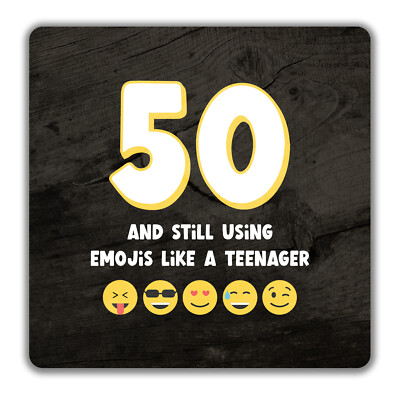 Lustige 50. Geburtstag 2er Pack Getränke Untersetzer 50 50 & noch mit Emojis 9cmx9cm