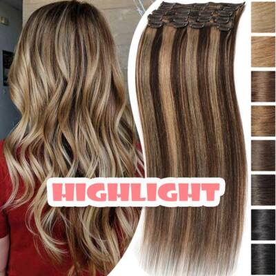 CLEARANCE THICK Clip In 100% Real Remy Human Hair Extensions Full Head Highlight