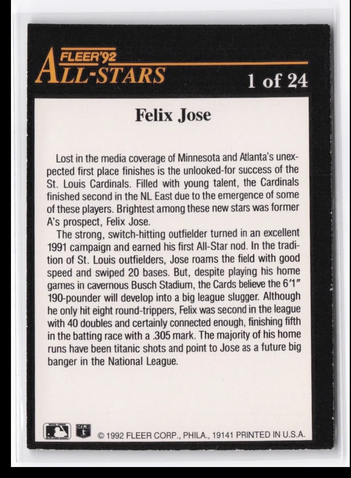 Felix Jose #1 1992 Fleer All-Stars St. Louis Cardinals - Image 2 of 2
