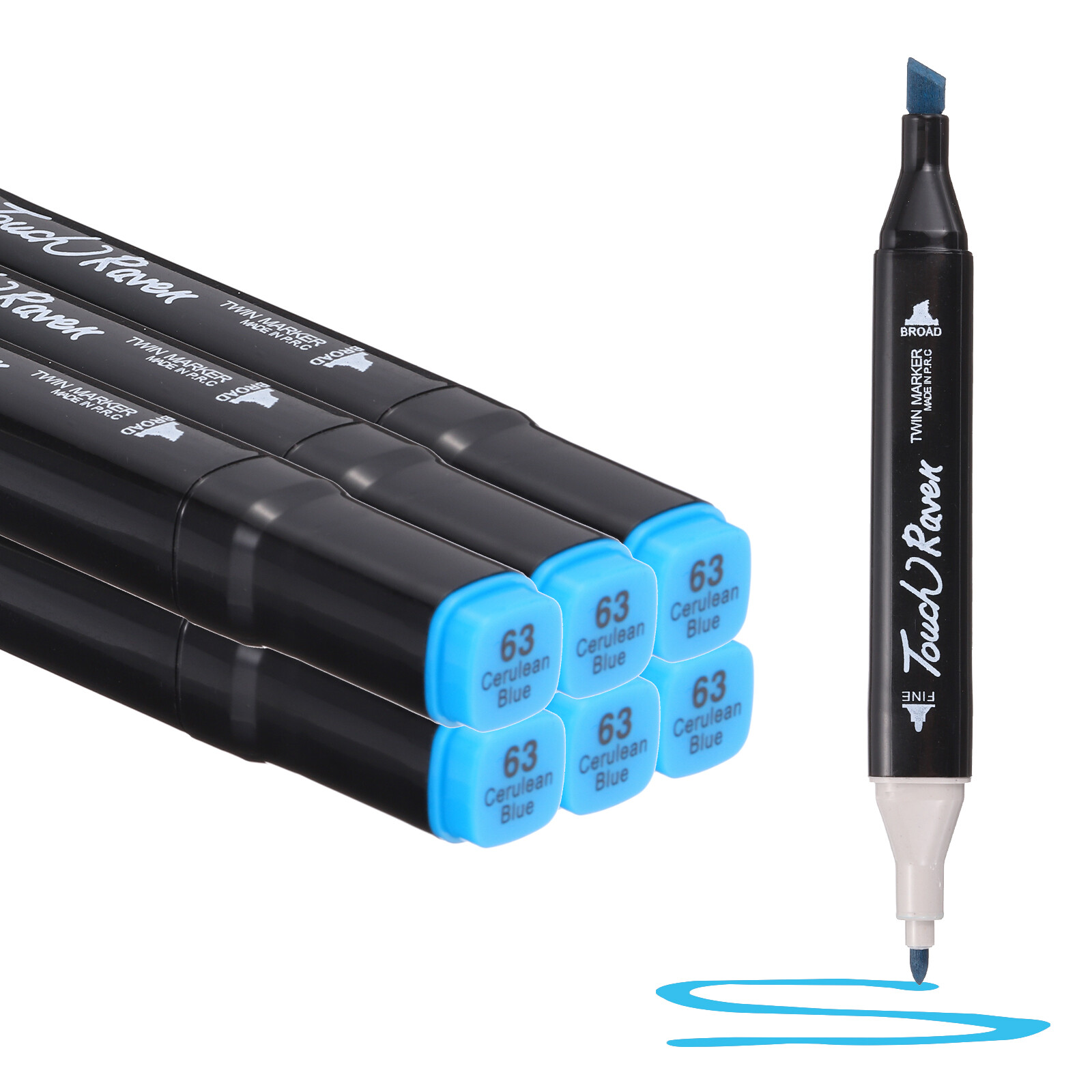 Dual Tip Alcohol Art Markers, 6 Pcs Black Barrel Alcohol Markers, Sky Blue