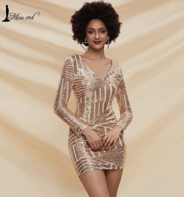Miss ord Women's V-Neck Long Sleeve Sexy Mini Dress, Bodycon Sequin Summer Dress | eBay Miss ord Women's V-Neck Long Sleeve Sexy Mini Dress, Bodycon Sequin Summer Dress | eBay
