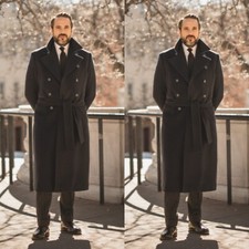 Black Men's Overcoat with Belt Wool Blend Business Double Breasted Long Jackets