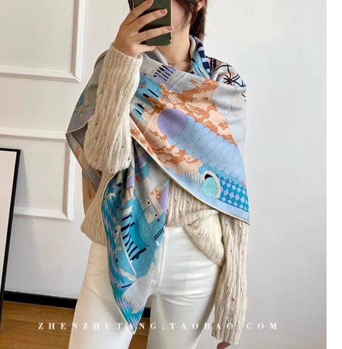 New Spring Boutique 70% Cashmere&30% Silk Double Face Print Wrap Scarf Shawl 53