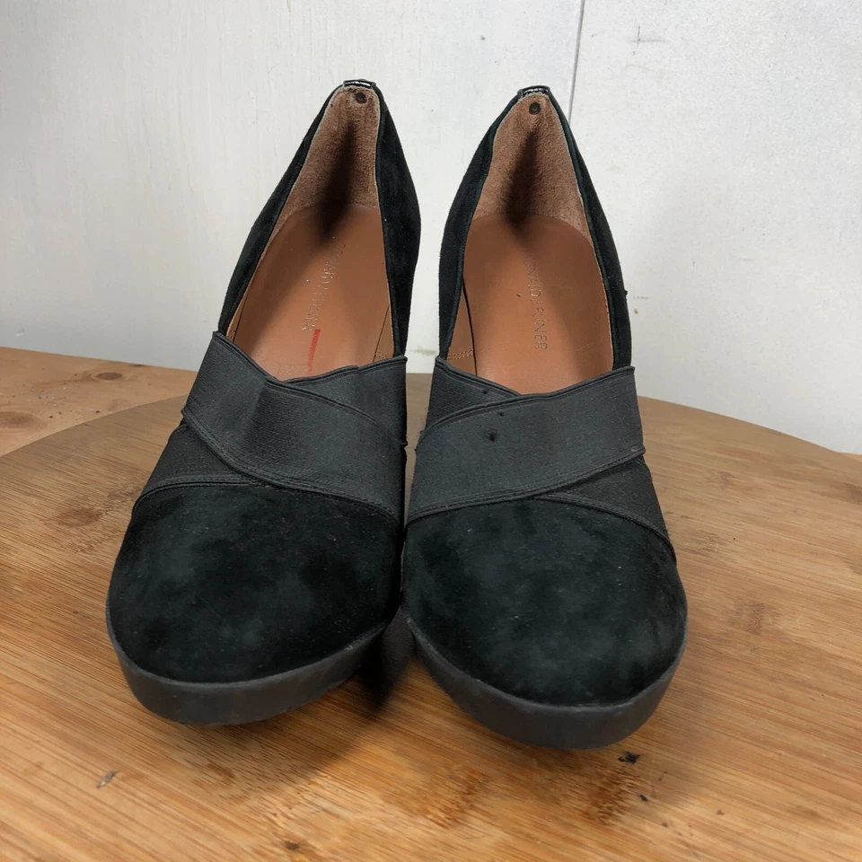 Sapatos Donald Pliner Feminino 9,5 M Salto Carla Preto Camurça Cunha Alta Carreira - Imagem 3 de 4