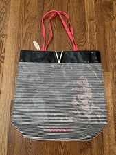 Victorias Secret Striped Coated Canvas Tote Bag Gold V Embellishment Beach Large