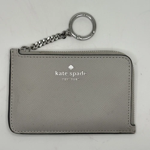Kate Spade Small Slim Card Holder Wallet L-Zipper Gray 5 x 3 Key Ring VGUC
