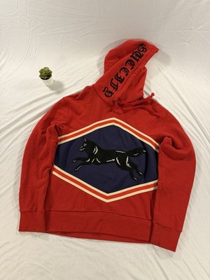 Gucci GG Jumping Wolf Striped Graphic Embroidered Sweatshirt Hoodie Size M Red