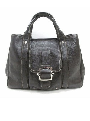 Auth Longchamp Hand Bag Tote Purse Logo Leather Dark Brown