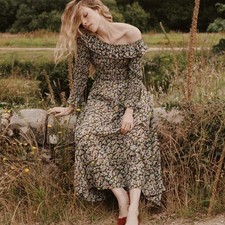 DÔEN Rosenda ruffled shirred floral-print organic cotton midi dress SZ M NWT