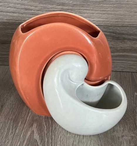 7” Red Wing Pottery Belle Kogan Art Deco Nesting Vase Rust Red And Gray Blue USA