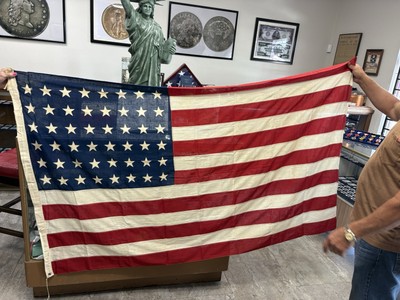 Rare Vintage 48 State US Flag   Pre-1959, Sewn Tear, Owner Signed, 45 x 68 